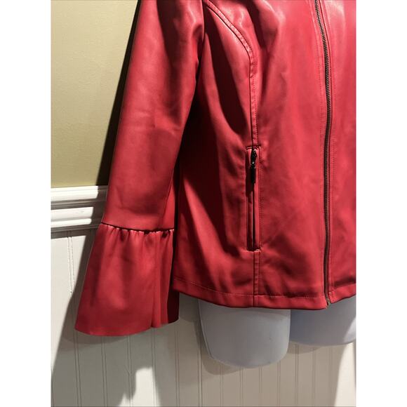 Alfani Women’s S Red Faux Leather Pleather Jacket Collarless Ruffle Sleeve - Picture 2 of 7
